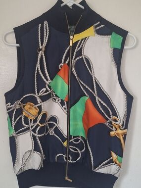 Ralph Lauren Navy Zip-Front Vest with Rope Print and Yellow Trim